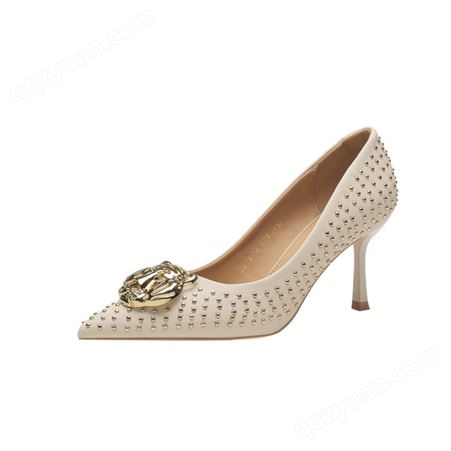 H763-18羊皮内垫时装单鞋女尖头珠子金属扣纯色女鞋7.5细跟高跟鞋