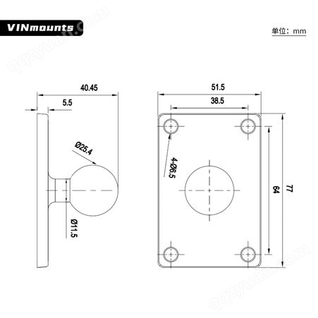 VINmounts®7孔圆形工业球头底座适配1”球头“B”尺寸